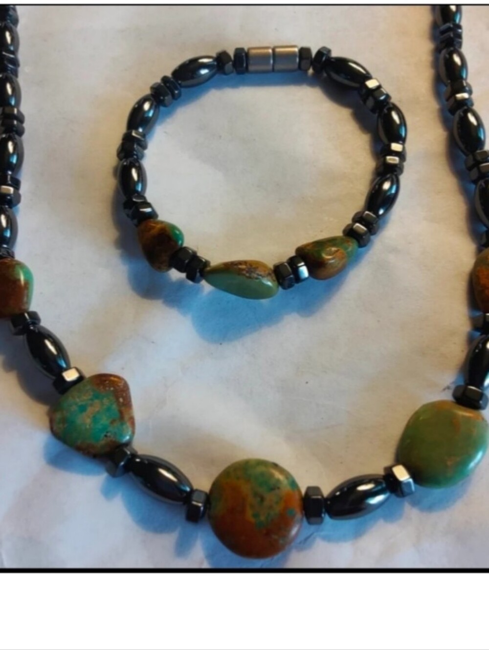 Green Turquoise Hematite Necklace Bracelet Set Southwestern